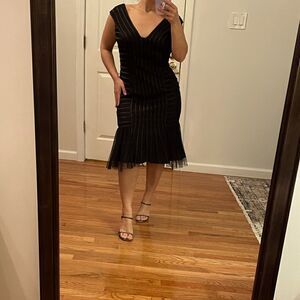 Adrianna Papell Black Sleeveless Satin Striping Tulle Fishtail Dress | SZ 10